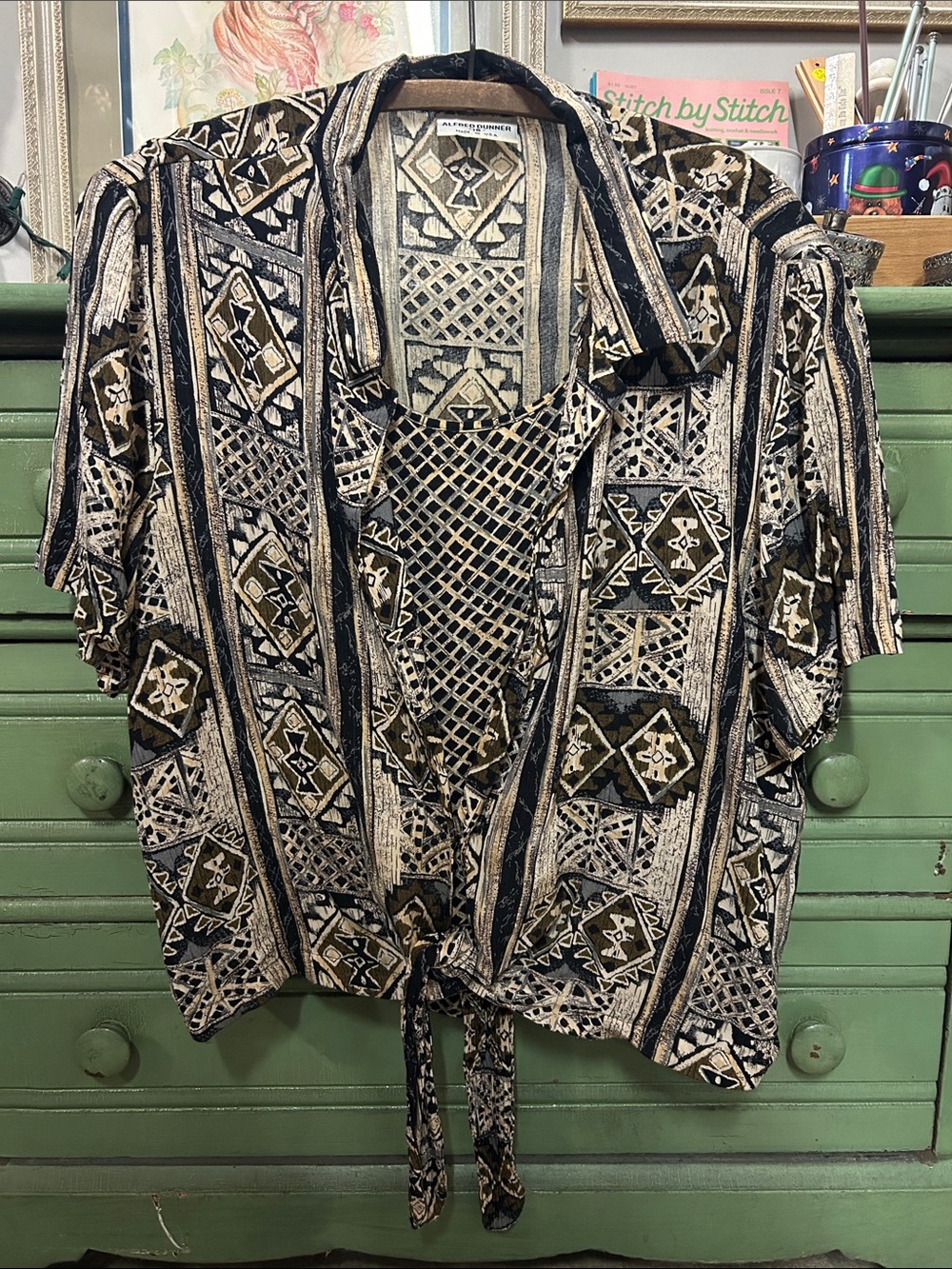 Vintage Alfred Dunner Geometric Tie-Front Short Sleeve Shirt - Black & Beige